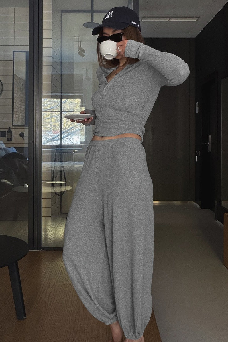 Henley Cropped Top Jogger Pants Set