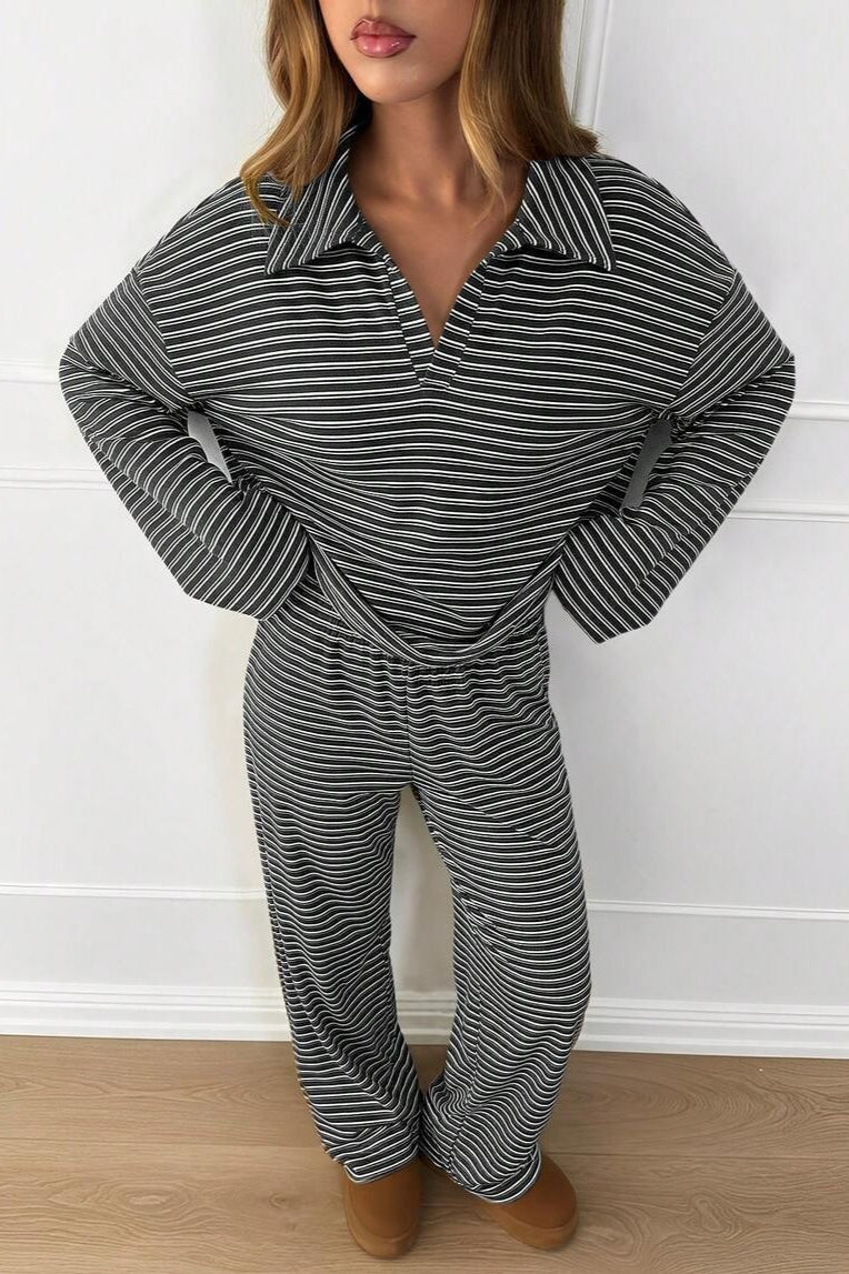 Contrast Stripe Collared Lounge Pants Set