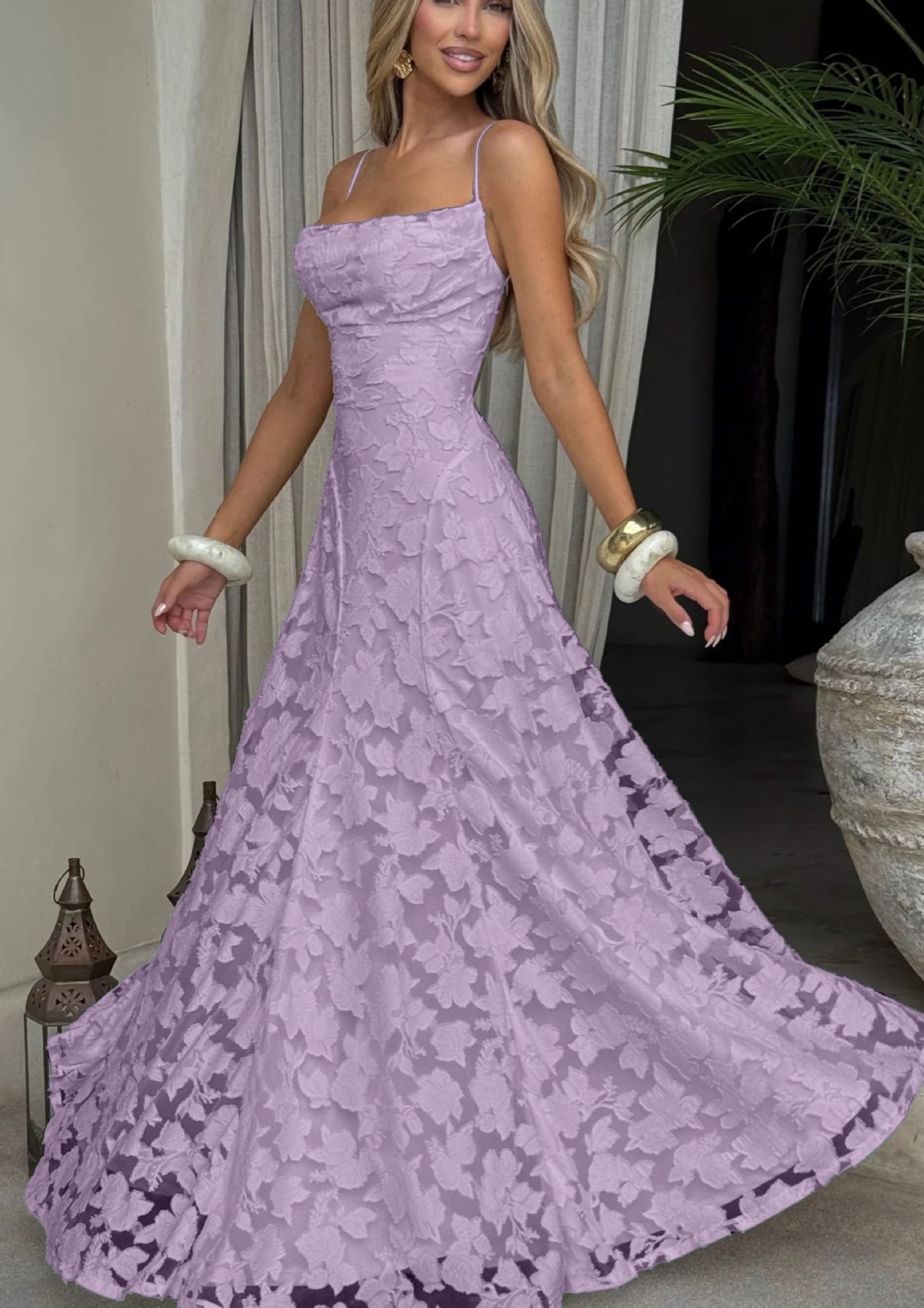 Thin straps jarquard maxi dress