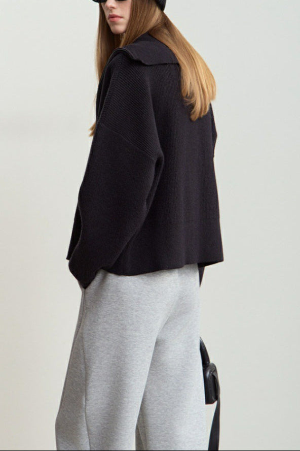 Naval-Collar Zip Lazy-Style Thick Knit Cardigan