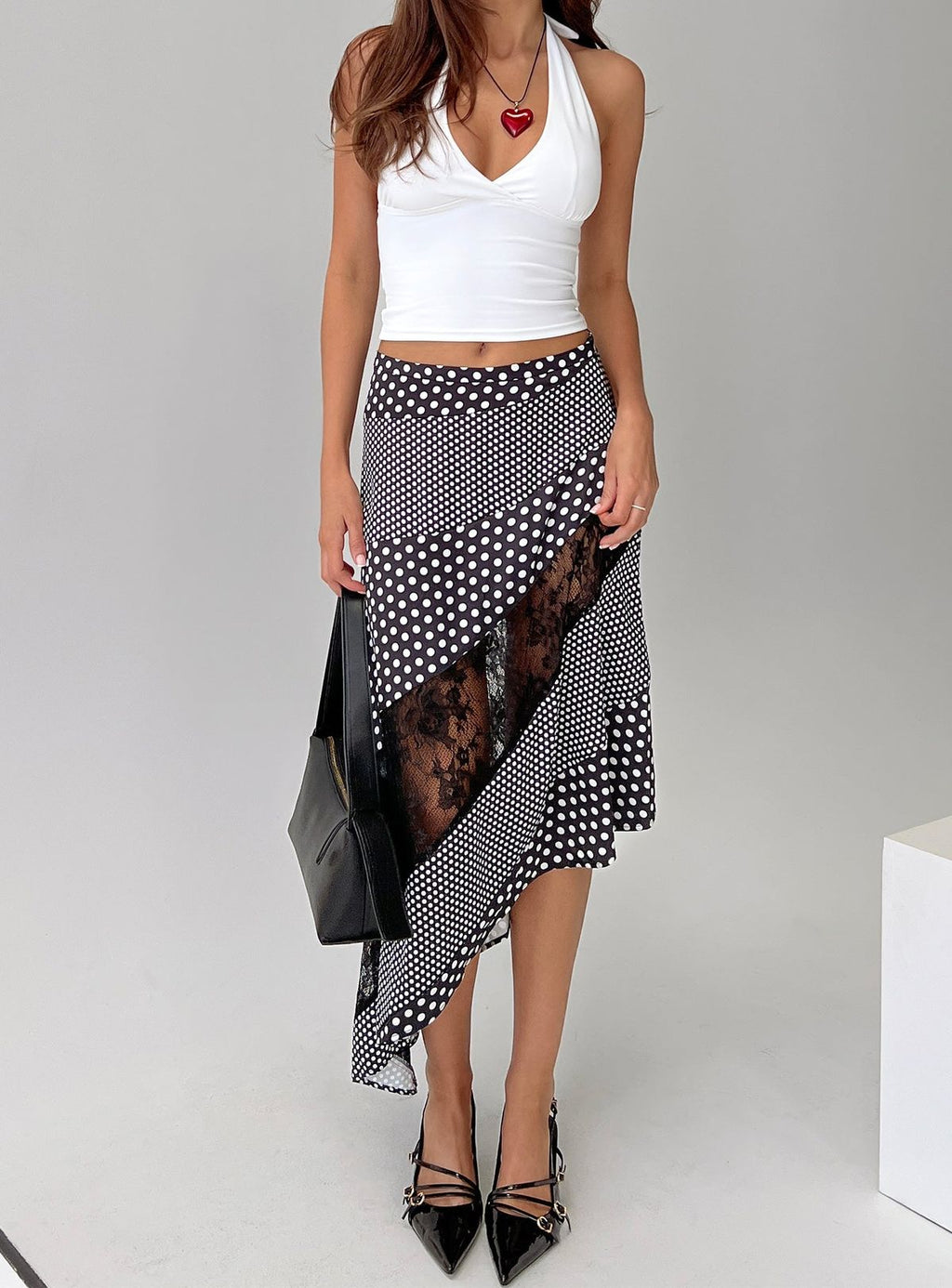 Polka Dot Lace Panel Asymmetric Midi Skirt