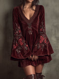 Boho Bell-Sleeve Burgundy Velvet Embroidered Mini Dress