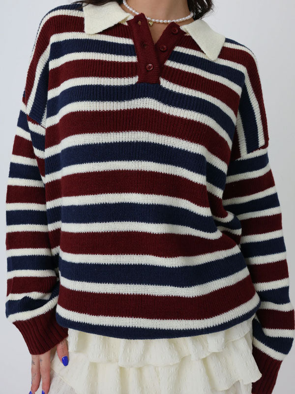 Lapel Neck Stripes Knitted Pullover Sweater