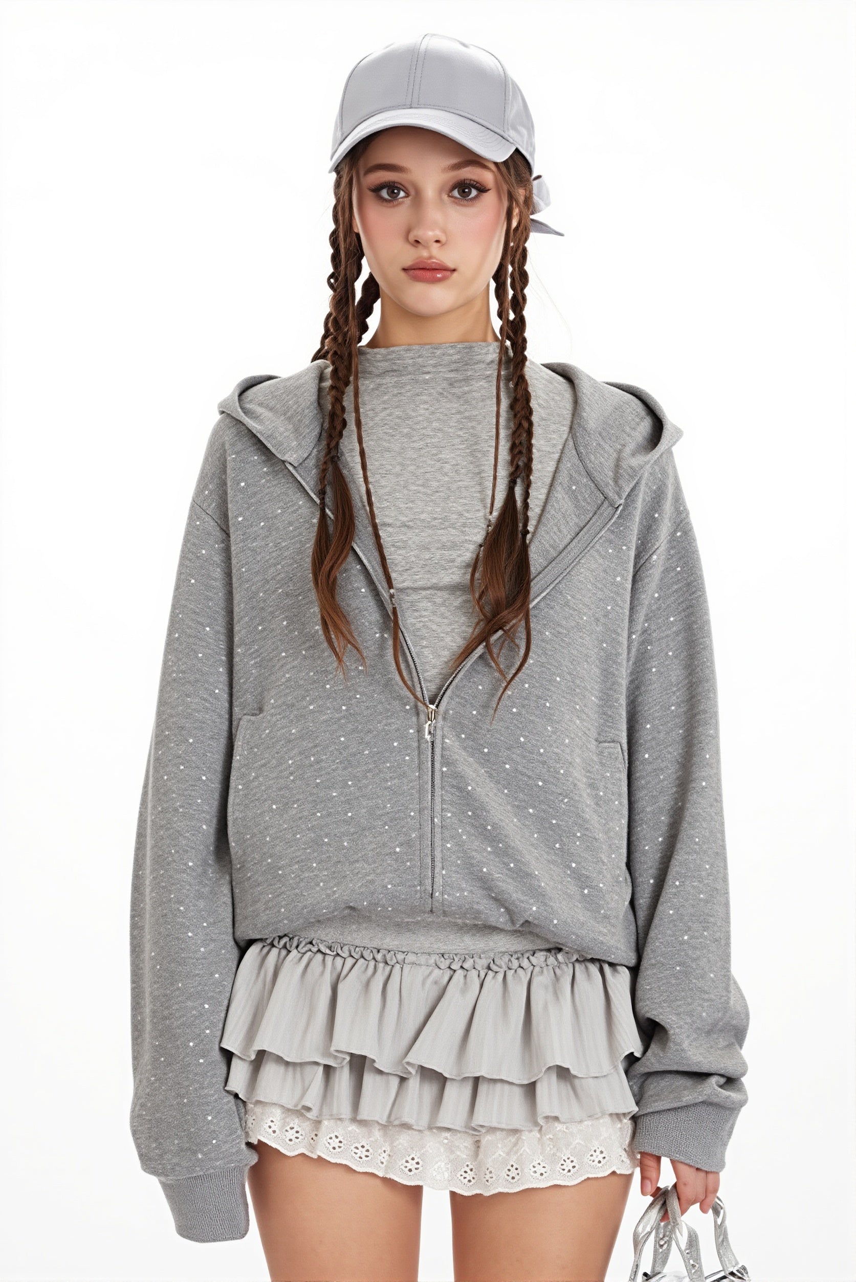 Star Print Ear Decor Cropped Hoodie