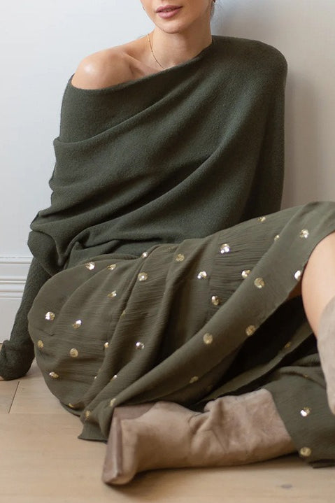 Draped Off Shoulder Long Sleeve Knit Sweater