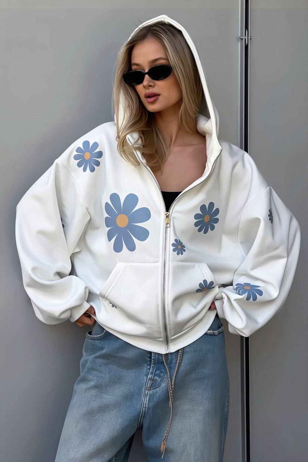 Daisy Print Oversized Zip Hoodie