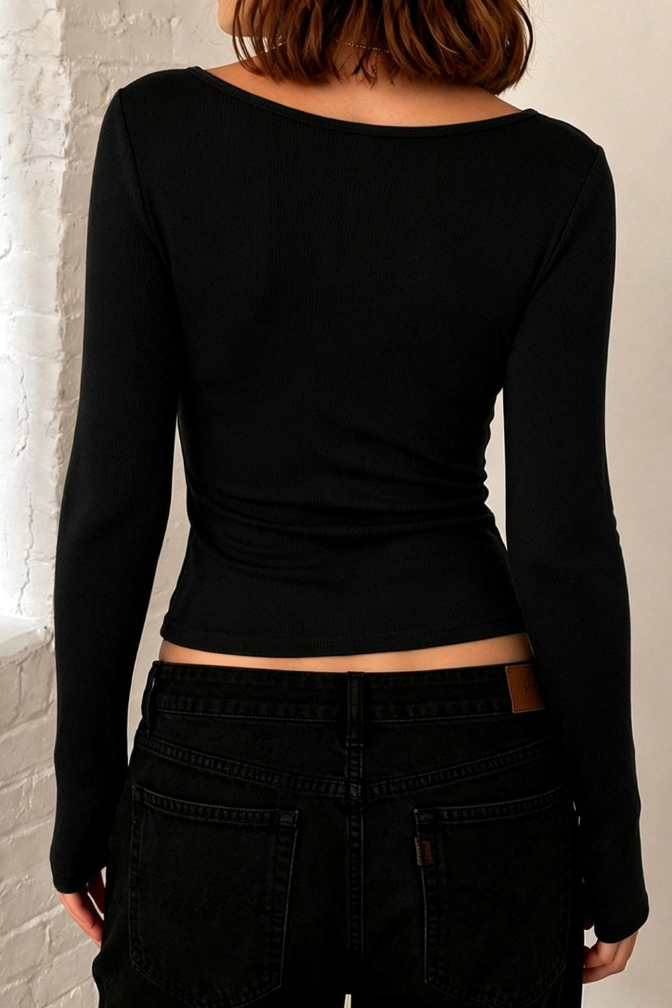 Lace Inset Deep V Flared Sleeve Blouse