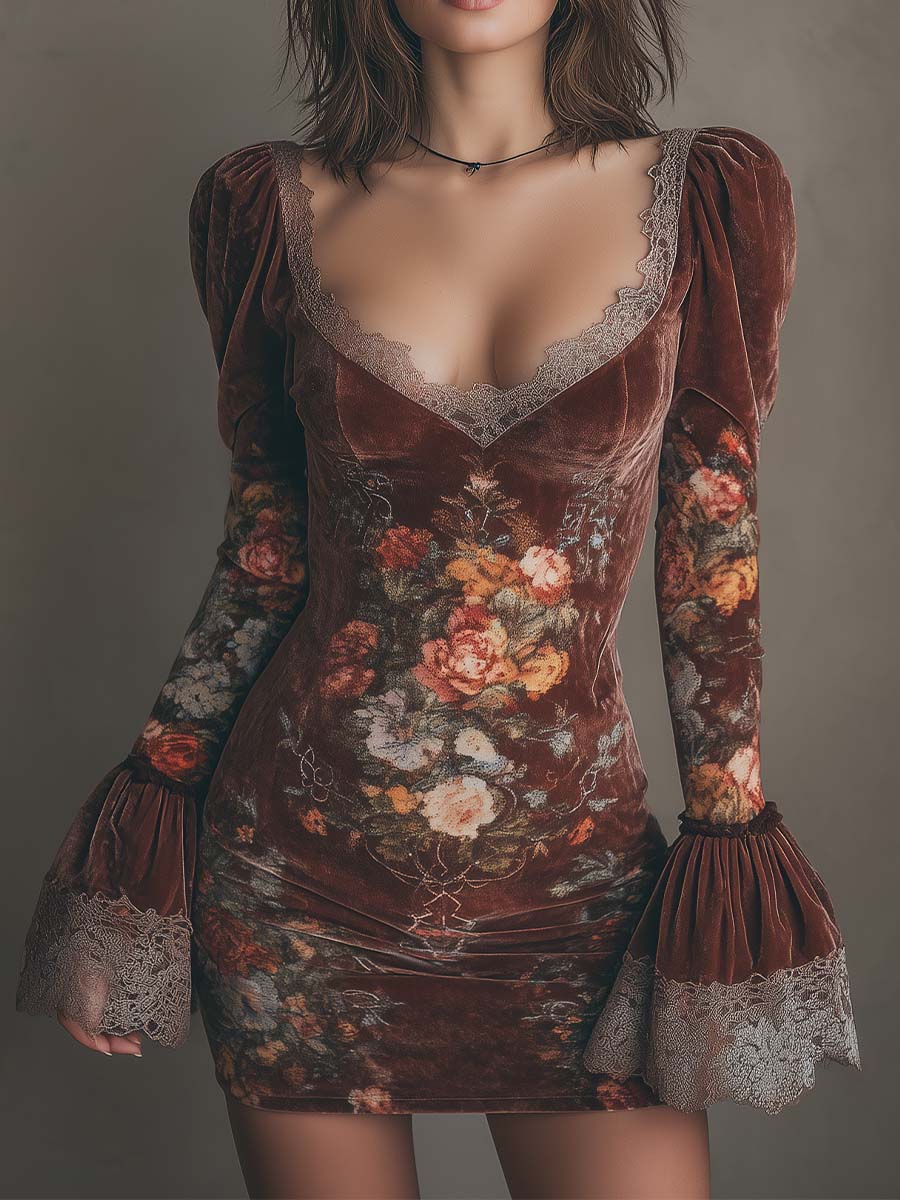 Vintage Floral Velvet Lace Mini Dress