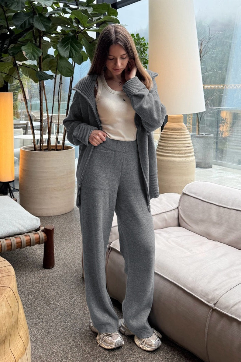 Double Zip Polo Knit Wide Leg Pants Set