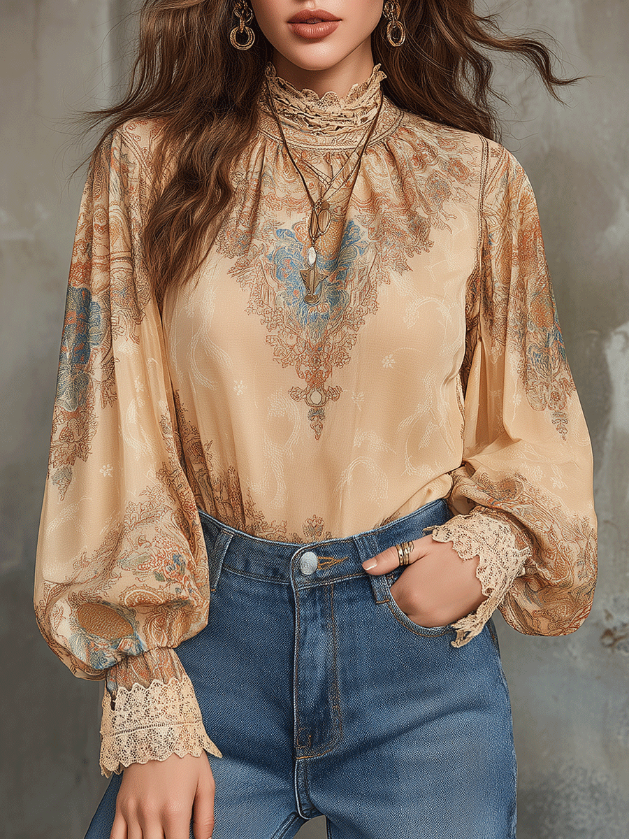Vintage Baroque High-Neck Printed Chiffon Blouse