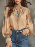 Vintage Baroque High-Neck Printed Chiffon Blouse