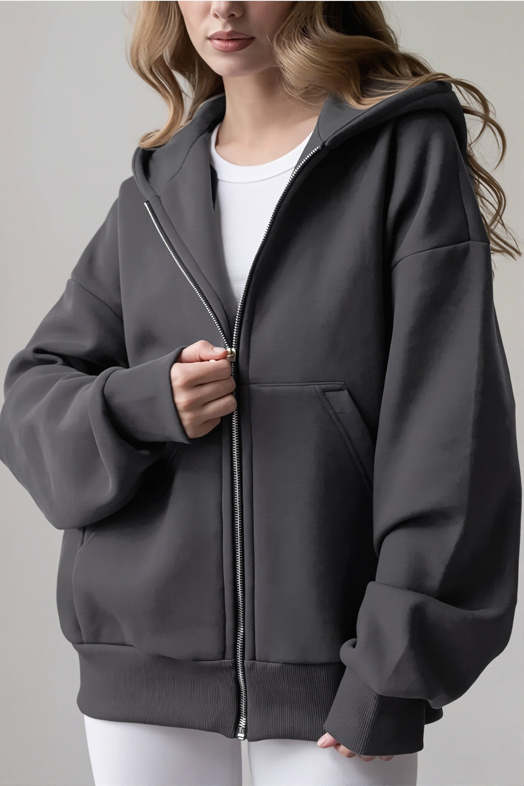 Solid Oversized Zip Up Hoodie
