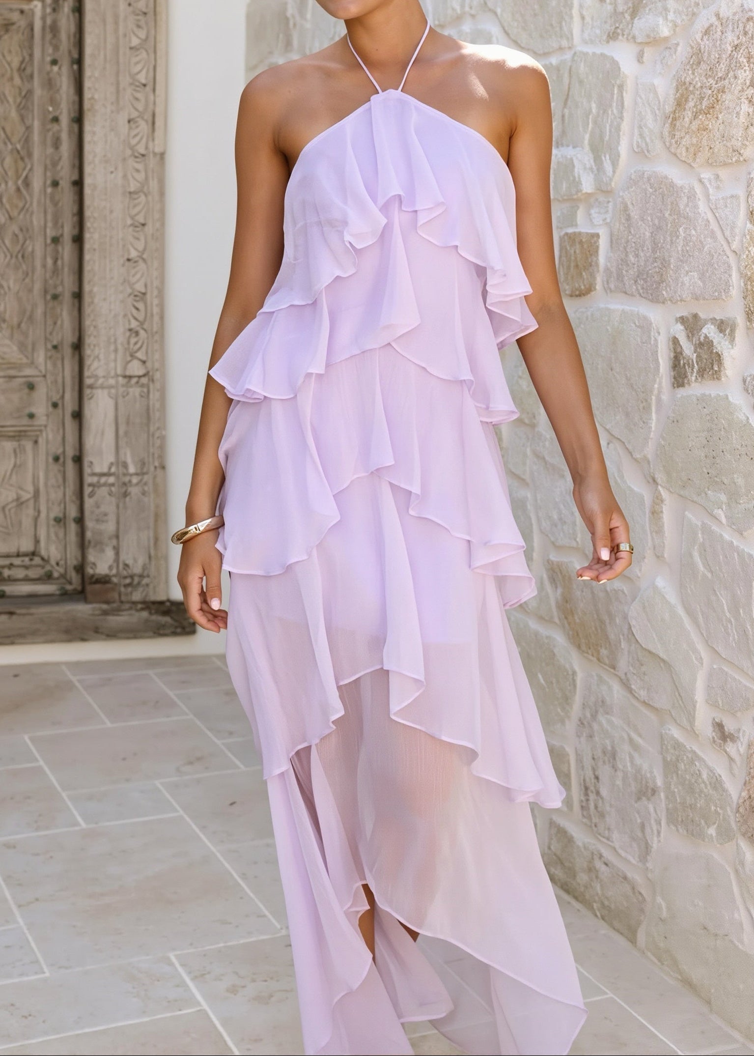 Tiered Ruffle Chiffon Print Maxi Dress