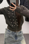 Studded Corset Detail Fitted Zip Hoodie