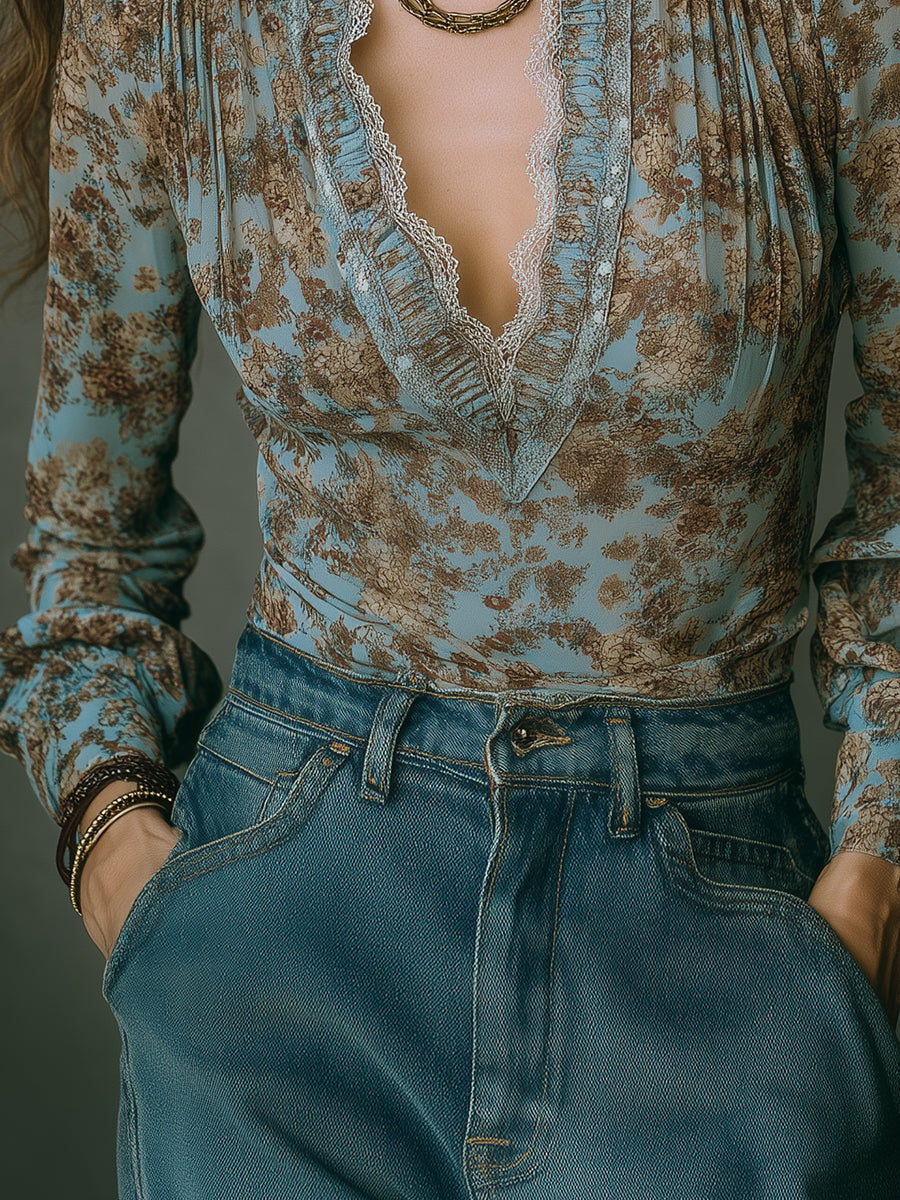 Bohemian Floral Chiffon Blouse With Lace Trim