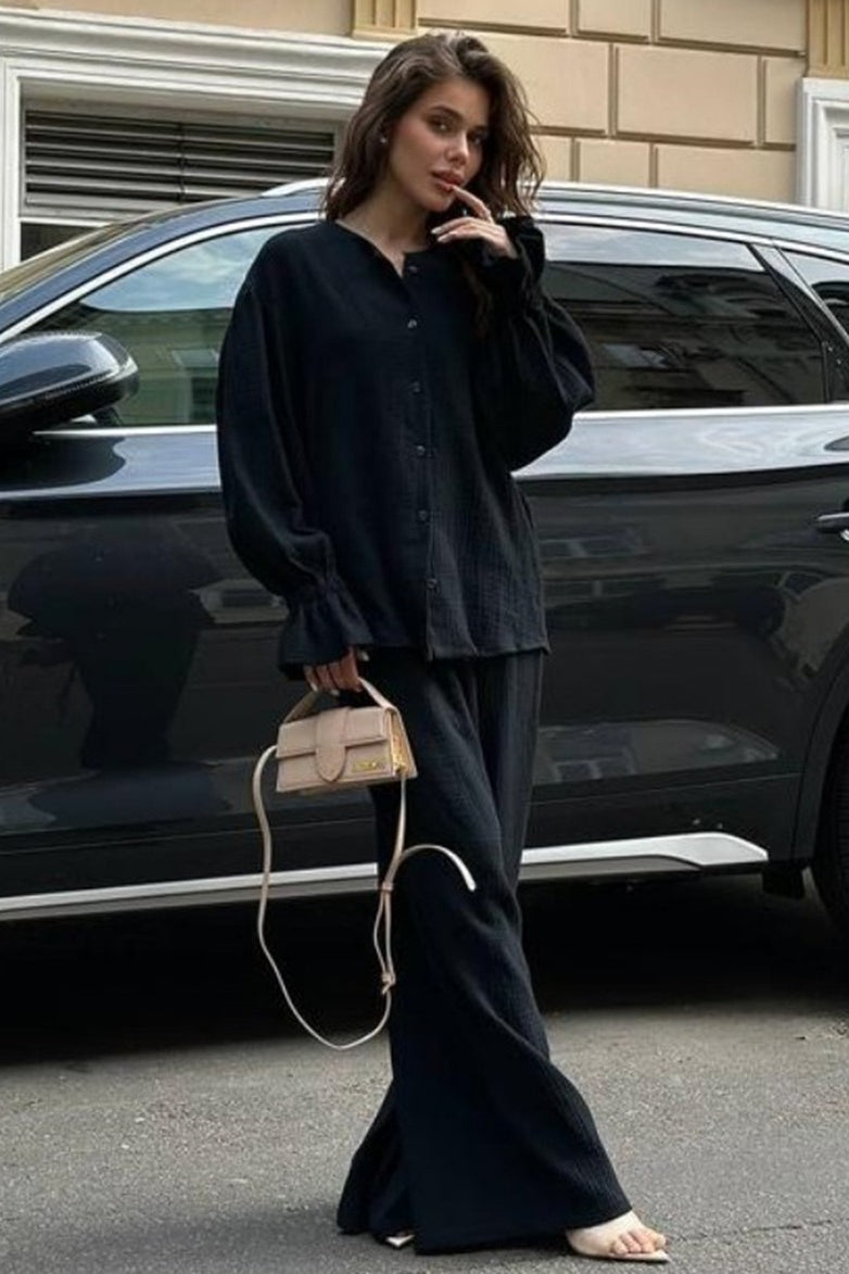 Balloon Sleeve Cotton Cardigan Wide Leg Pants Set