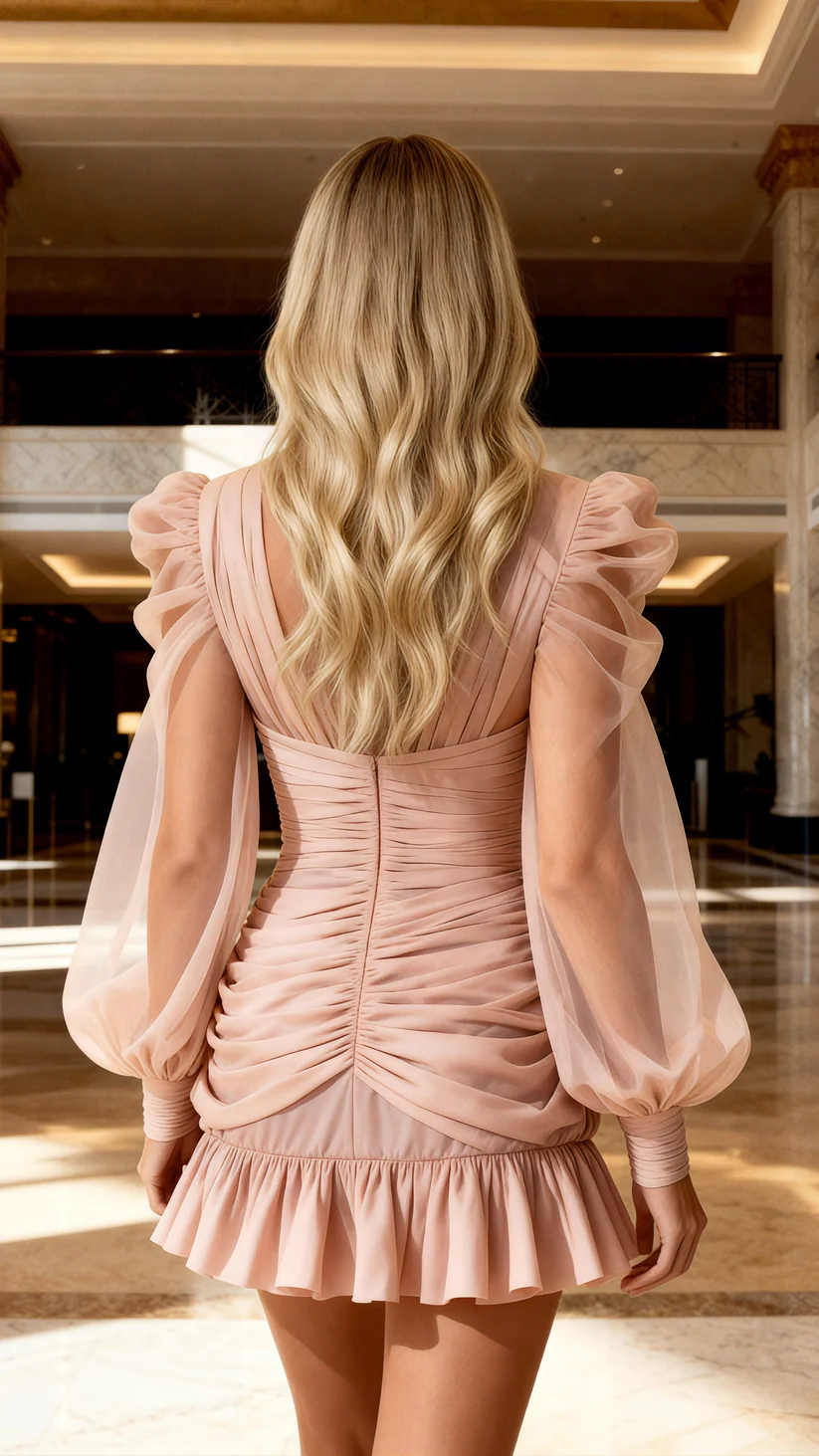 Women's Dusty Pink Pleated Mesh Twisted Waist Puff Sleeve Mini Dress