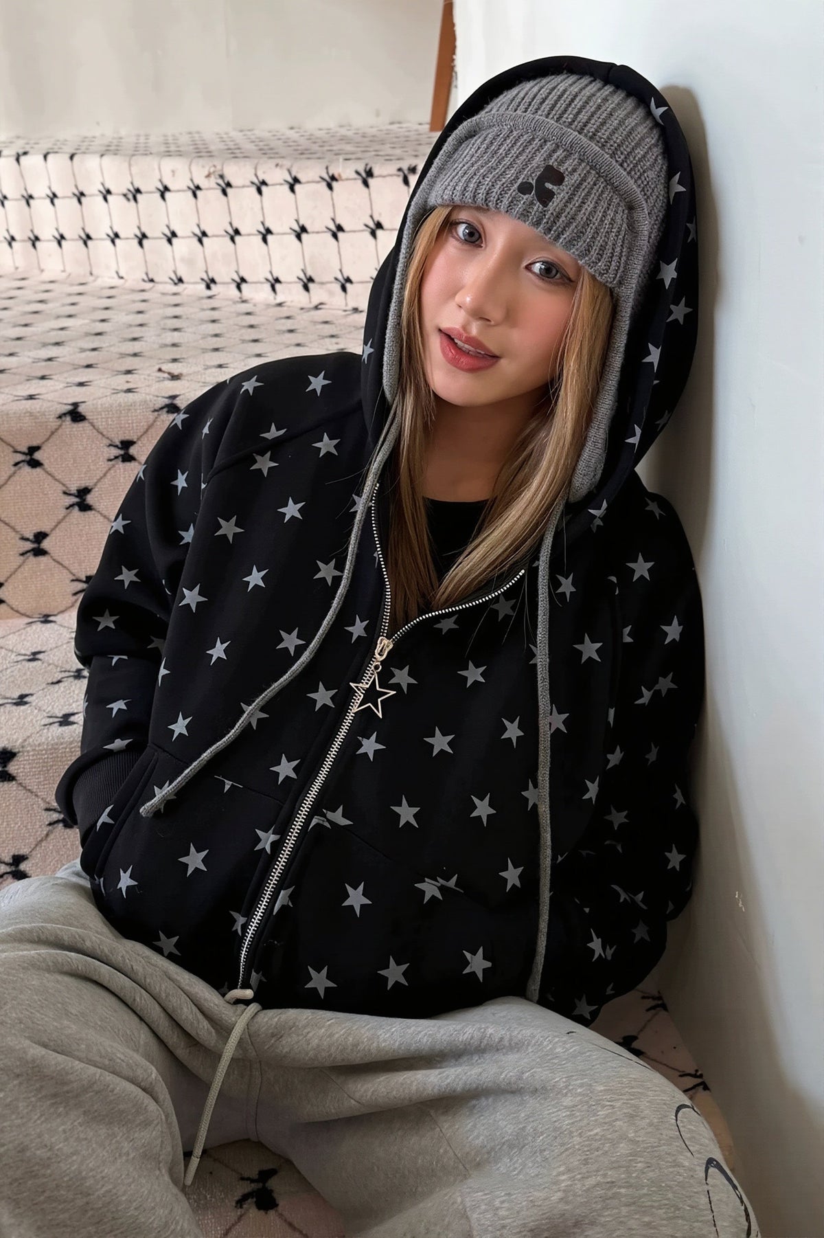 Casual Full Star Print Zip Hoodie