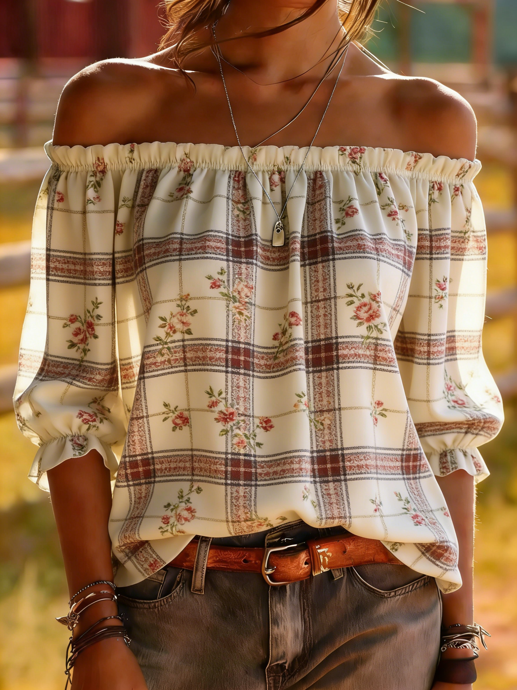 Cream Plaid Floral Off-Shoulder Blouse - Vintage Cottage Core Top