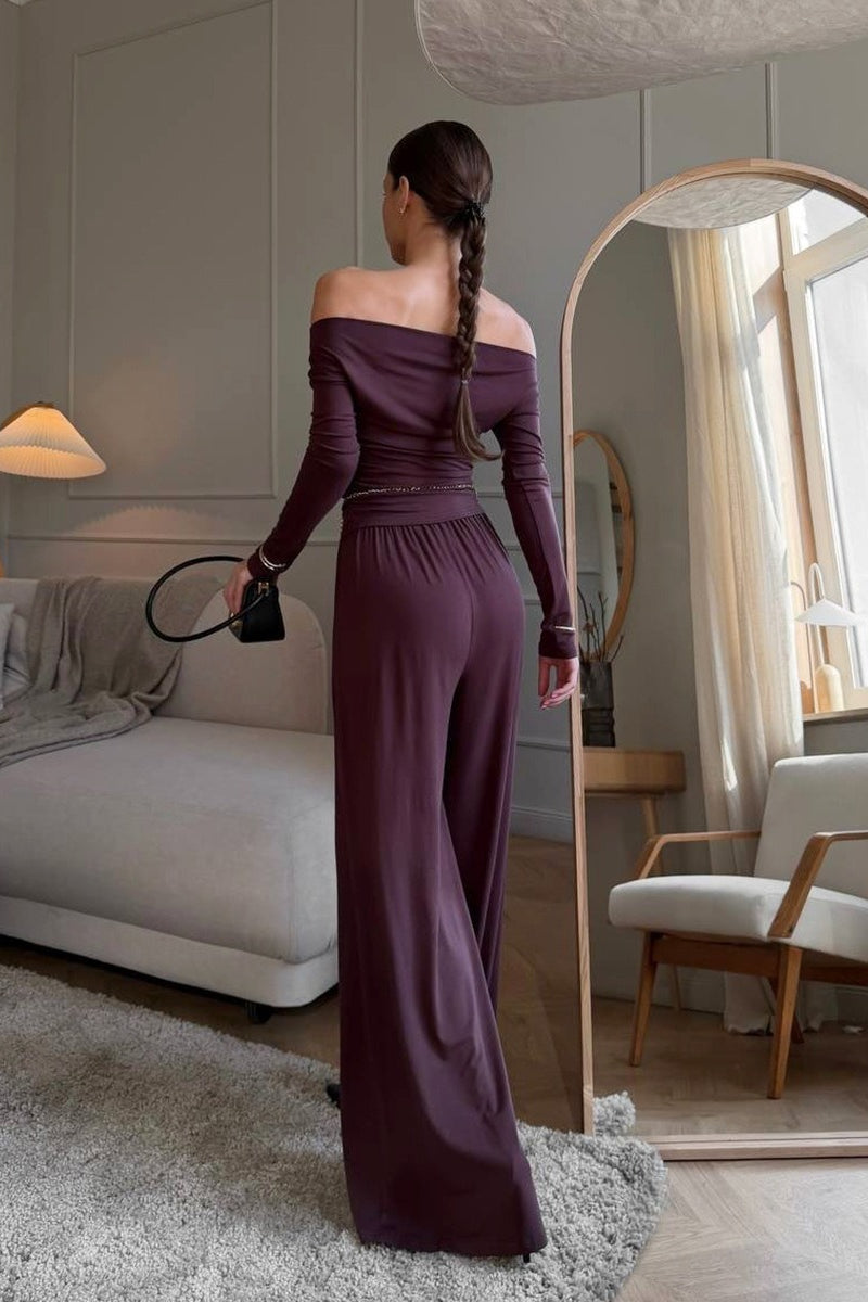 Off Shoulder Knit Top Wide Leg Pants Set
