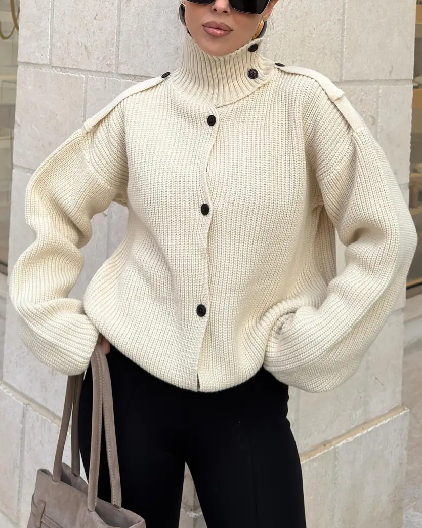 Double-Breasted Button Turtleneck Oversized Knit Sweater