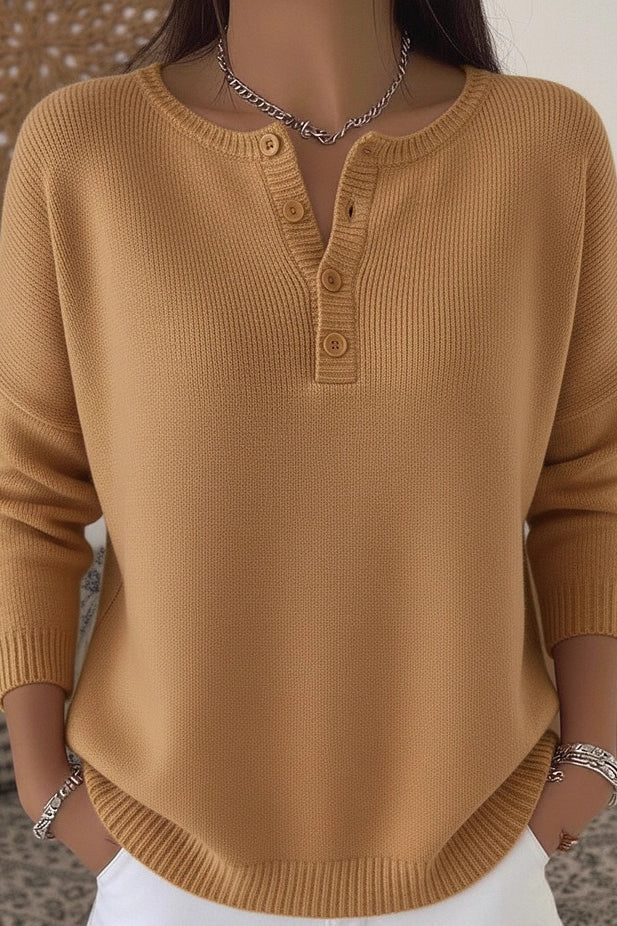 Button Placket Round Neck Knit Sweater