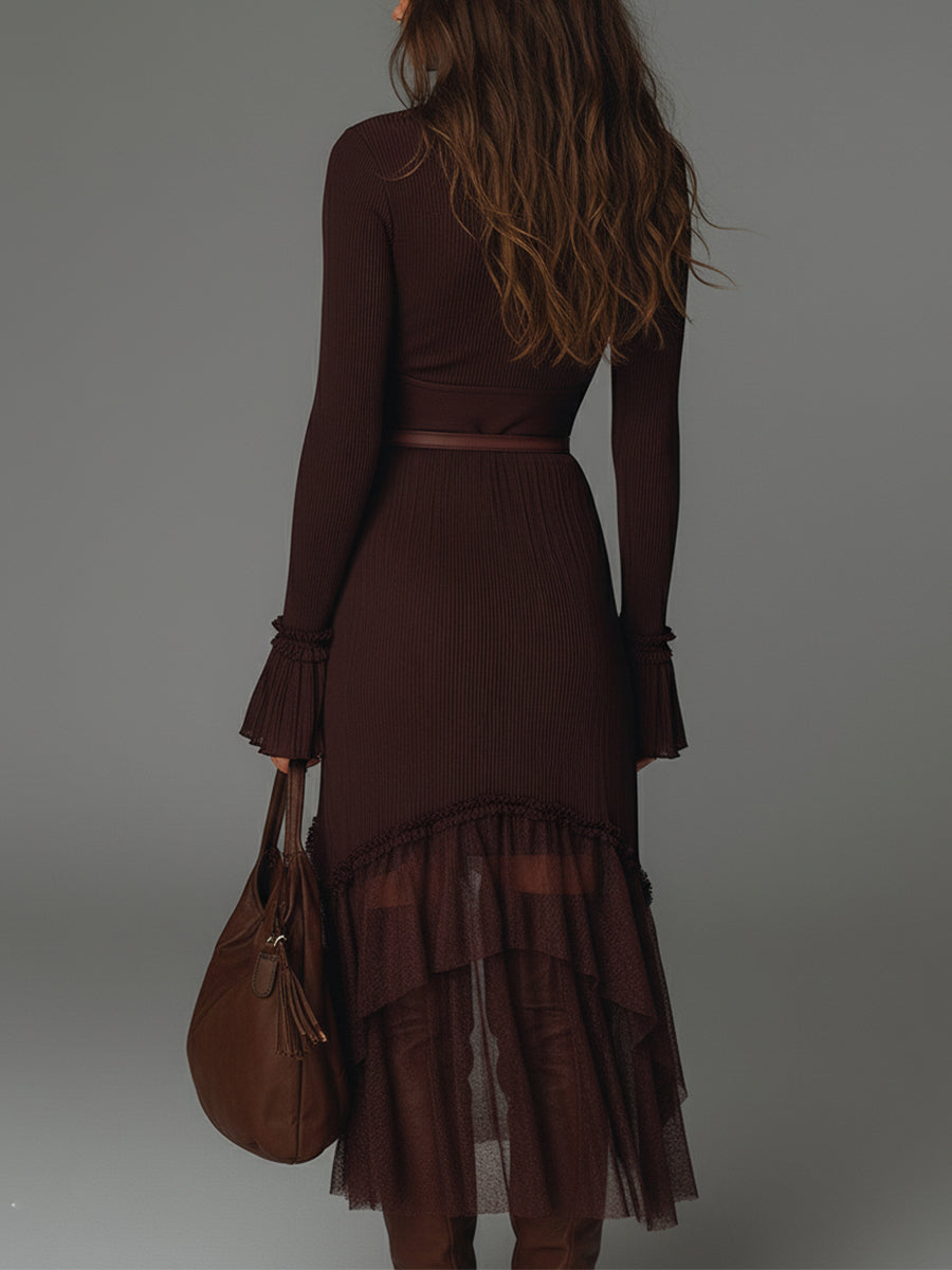 Bohemian Style Pleated Mesh Panel Midi Dress With Belt