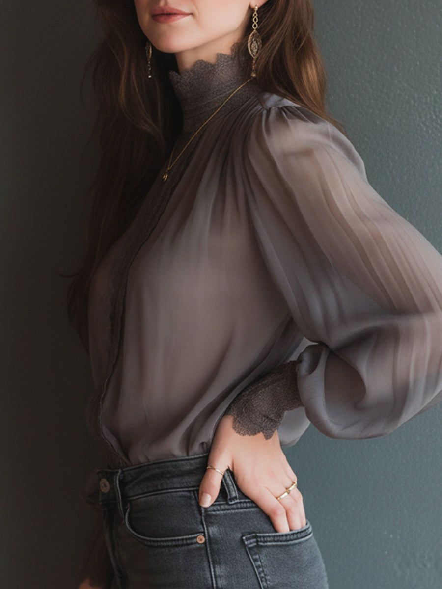 Elegant Stand-collar Chiffon Blouse With Lace Trim