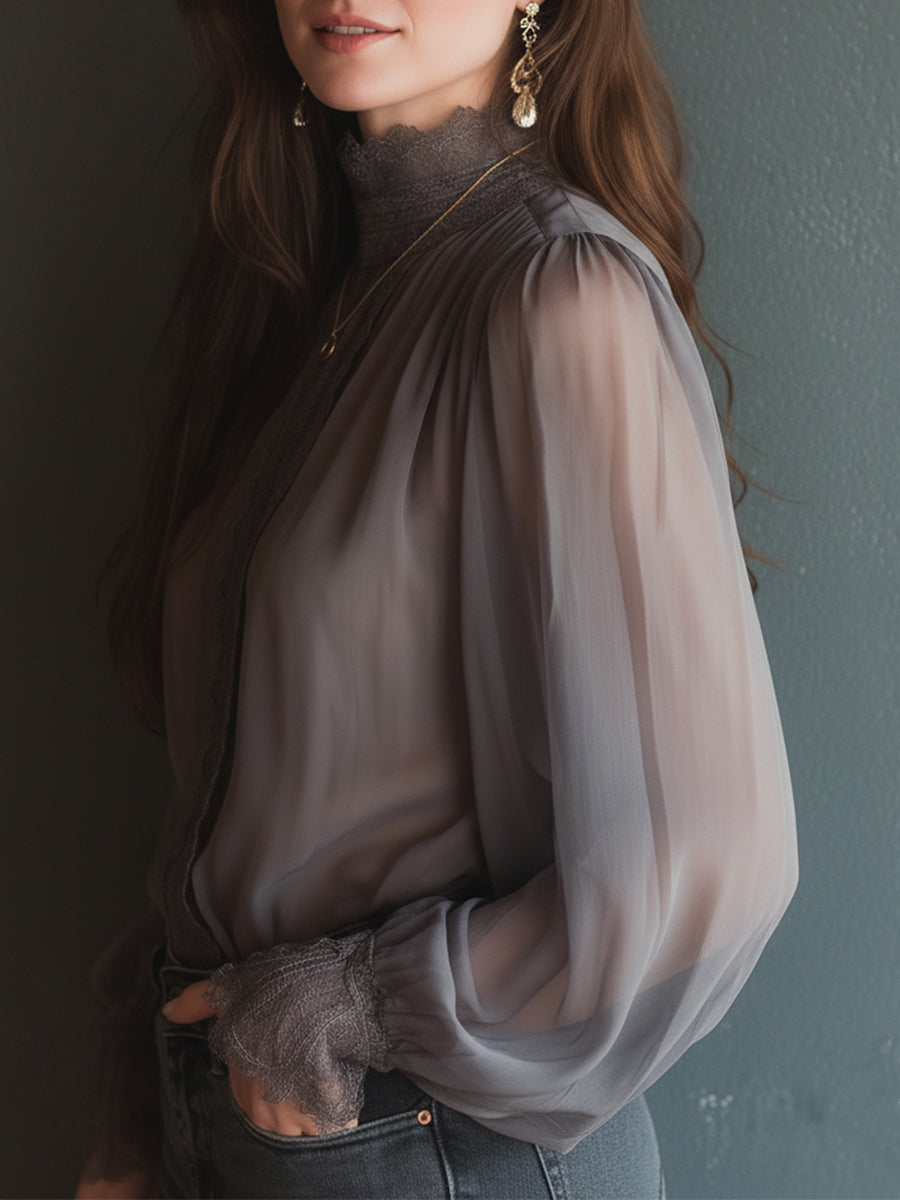 Elegant Stand-collar Chiffon Blouse With Lace Trim