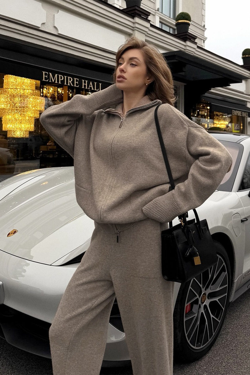 Double Zip Polo Knit Wide Leg Pants Set