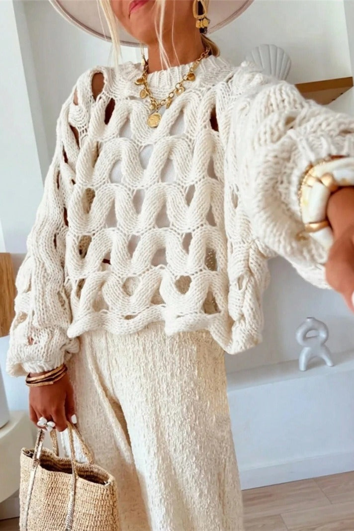 Openwork Leaf Texture Crew Neck Knit Sweater