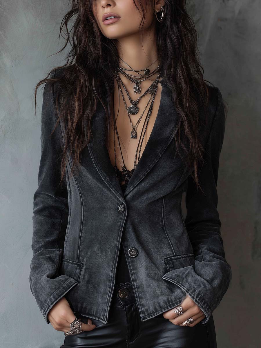 Washed Black Sculpted Denim Blazer