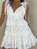 V neck tiered lace mini dress
