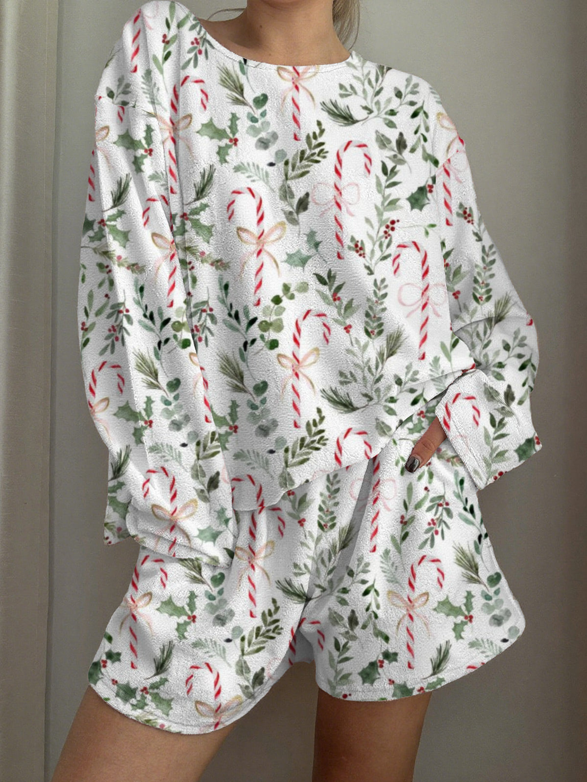 Christmas Candy Cane Printed Long-Sleeved Shorts Loungewear Set