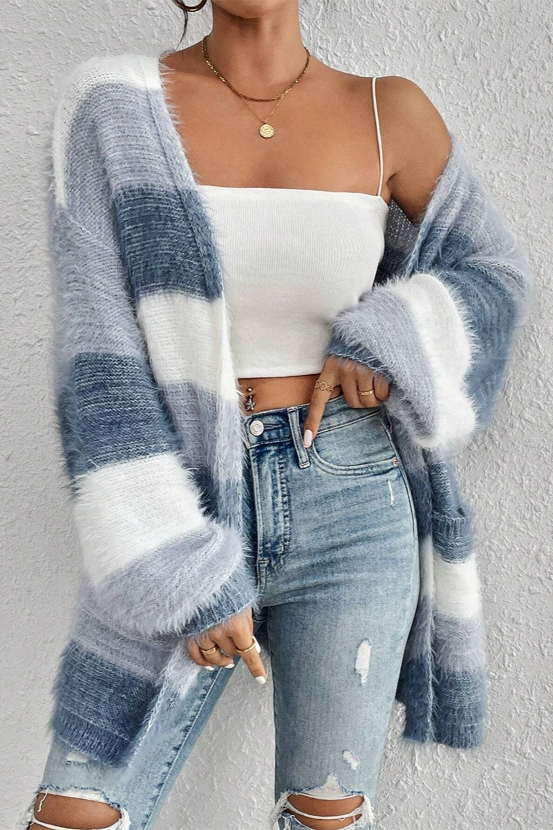 Fuzzy Stripe Longline Open Front Cardigan