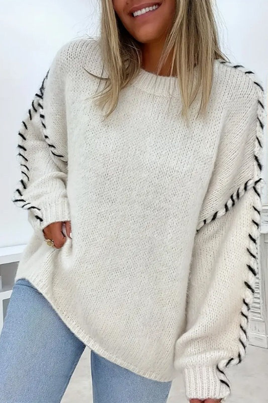 Contrast Lace Detail Crew Neck Knit Sweater