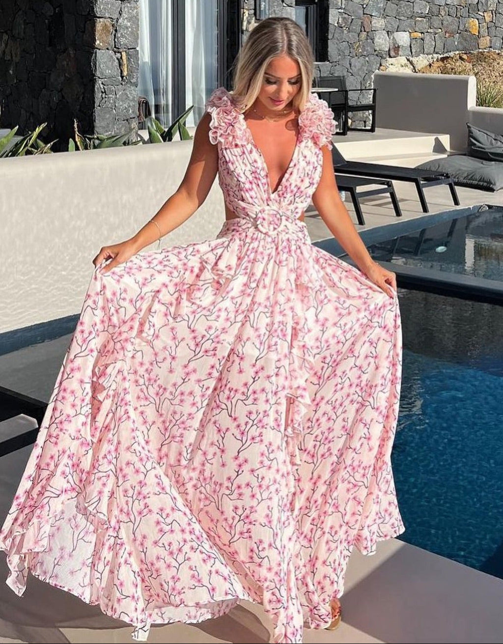Pink Plum Blossom Print Ruffle Backless High Slit Maxi Dress | Vacation Style Sexy Party Gown