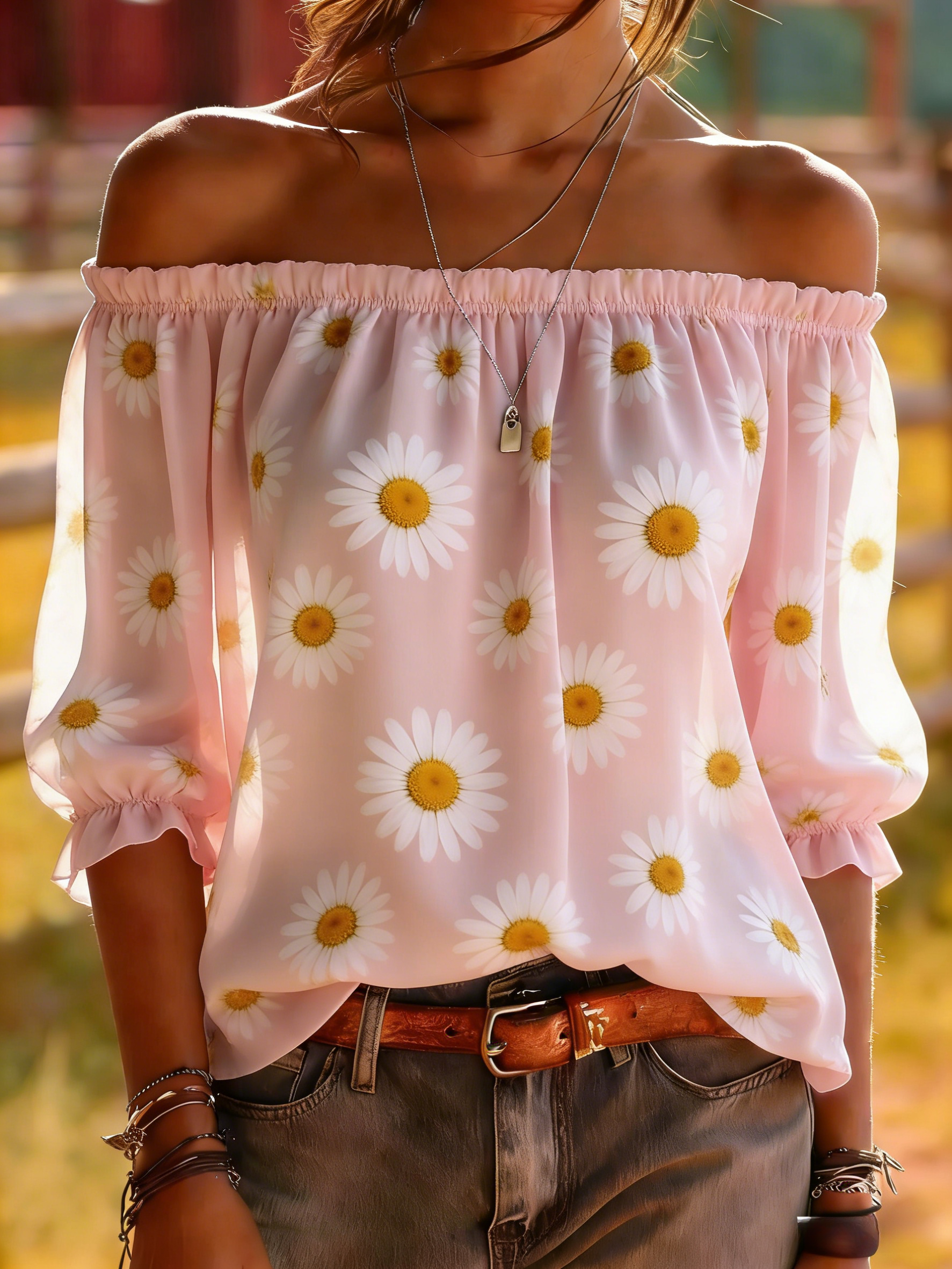 Pink Daisy Off-Shoulder Blouse - Sweet Floral Balloon Sleeve Top