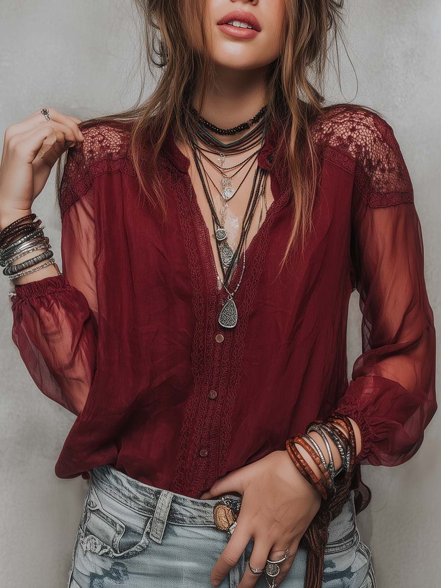 Retro Sheer Sleeves Lace Trim Chiffon Blouse