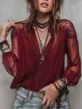 Retro Sheer Sleeves Lace Trim Chiffon Blouse