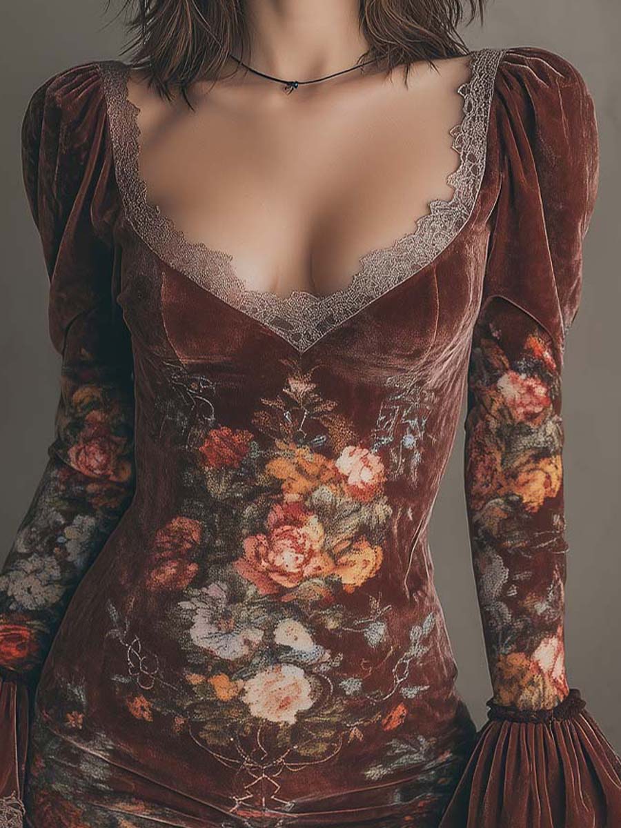 Vintage Floral Velvet Lace Mini Dress