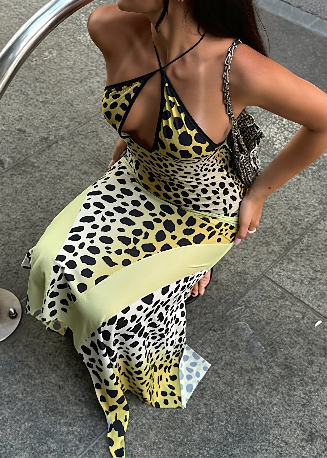 Sexy Leopard Halter Bust Cutout Back Slit Asymmetrical Maxi Dress