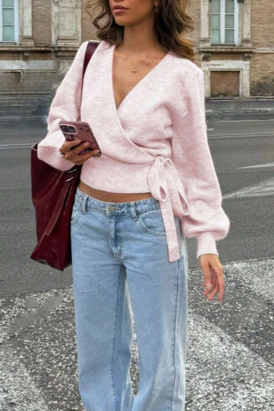 Wrap Tie V Neck Cropped Sweater