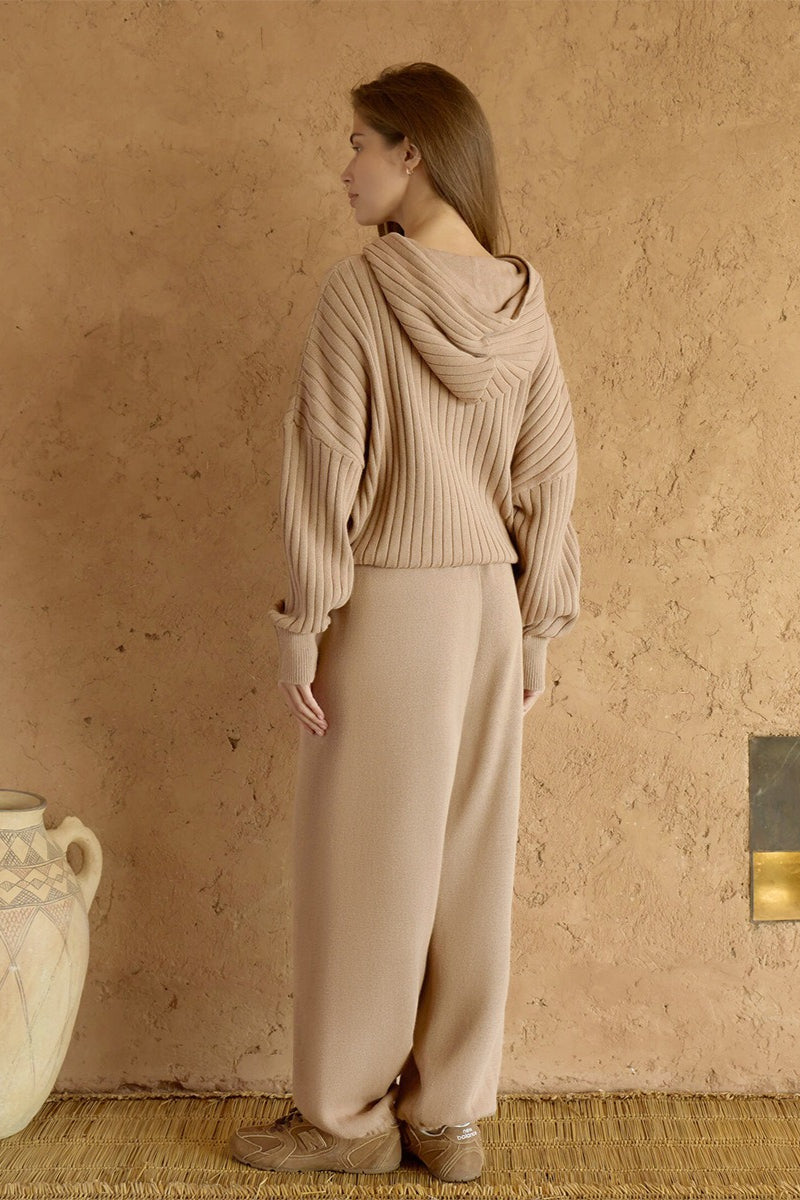 Ribbed Hooded Zip Sweater Harem Pants Set