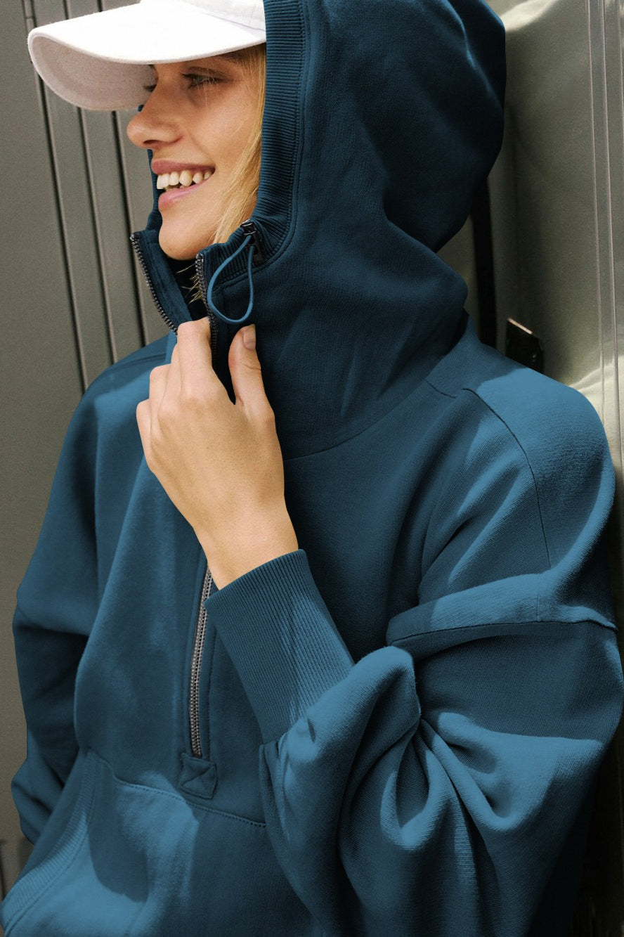 Color Block Half Zip Drawstring Hoodie