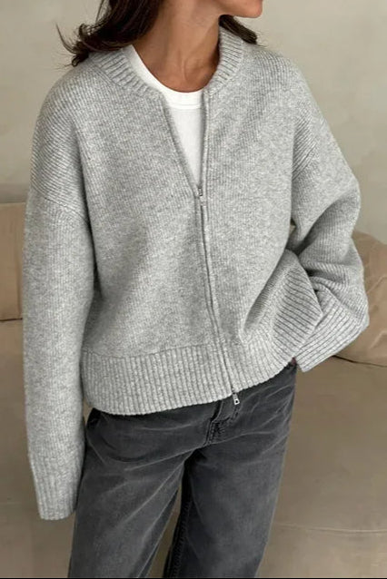Pleated Knit O Neck Zipper Cardigan