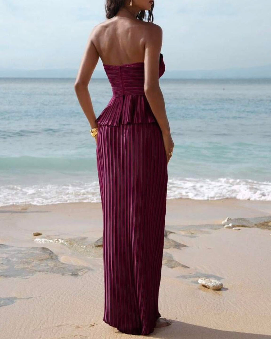 Strapless Sculptural Pleated Peplum Maxi Dress