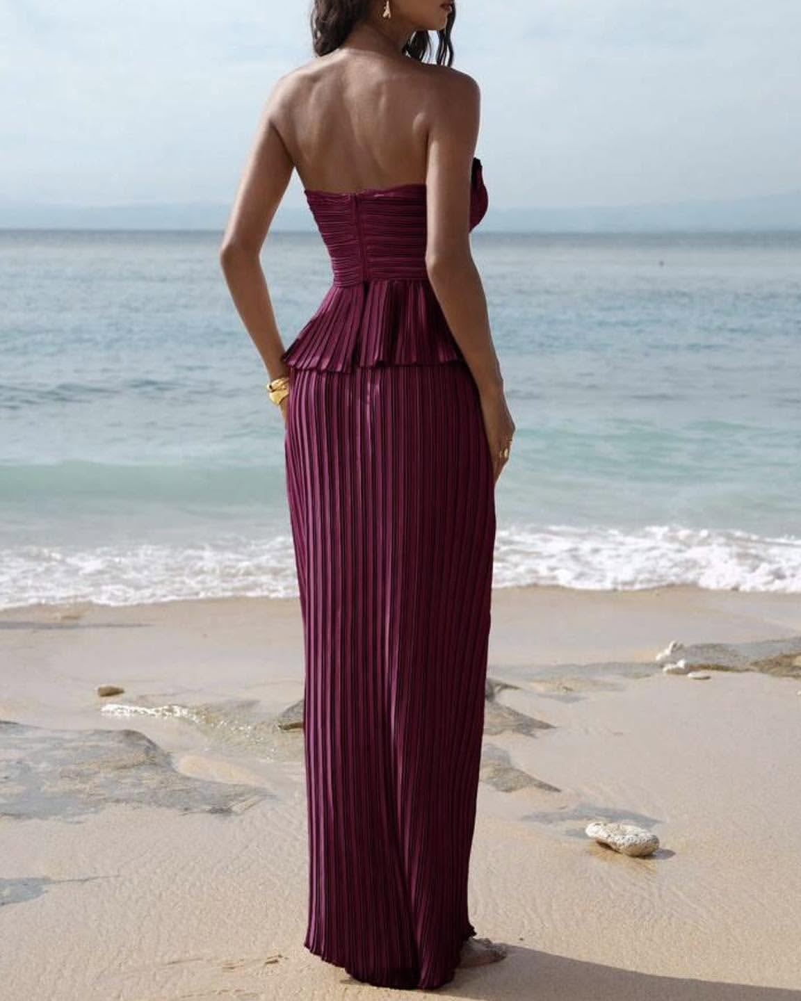 Strapless Sculptural Pleated Peplum Maxi Dress