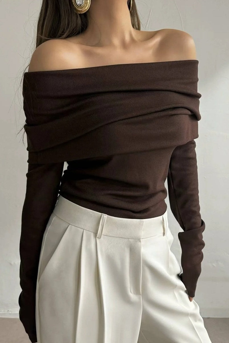 Off Shoulder Fitted Long Sleeve Knit Sweater