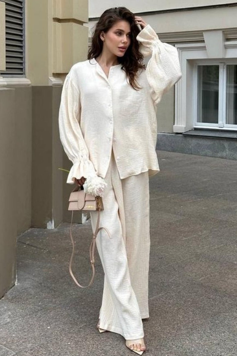 Balloon Sleeve Cotton Cardigan Wide Leg Pants Set